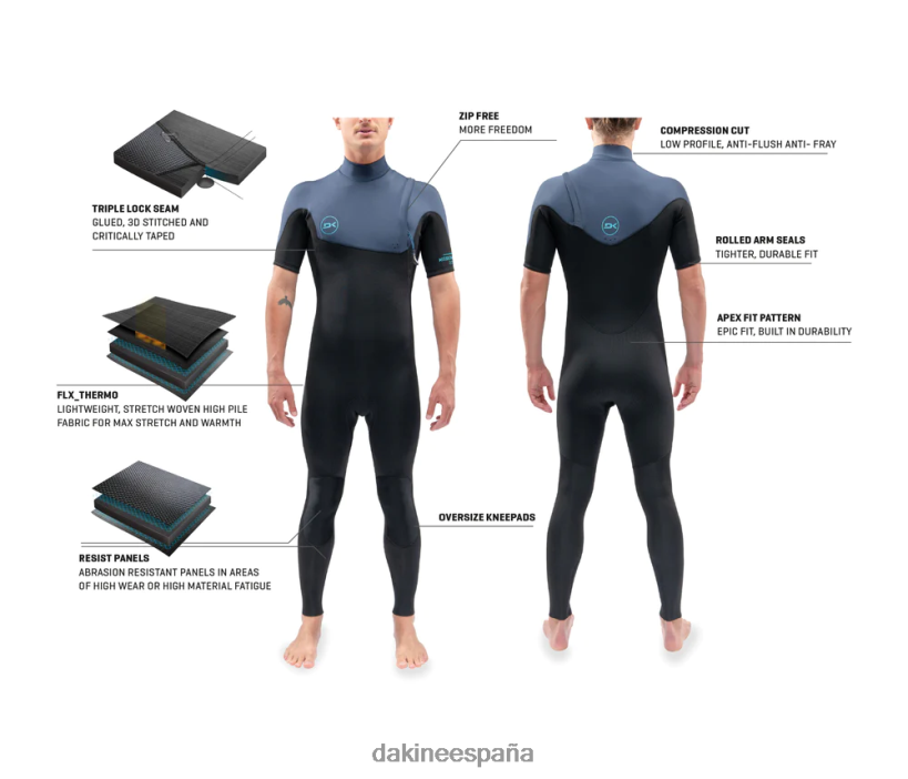 Traje de neopreno completo de manga corta sin cremallera Mission 2/2 mm azul negro Dakine hombres ropa 2VTF0X100 - Image 5